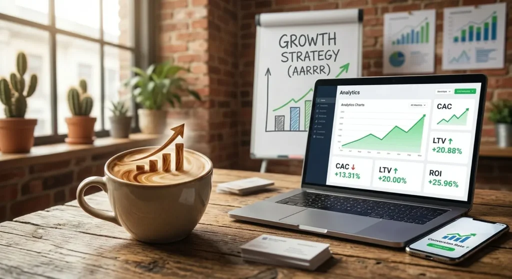 Imagem para representar Growth Marketing, mostrando um notebook aberto com gráfico escalonável, uma xícara de café , tudo em ambiente Café com Web